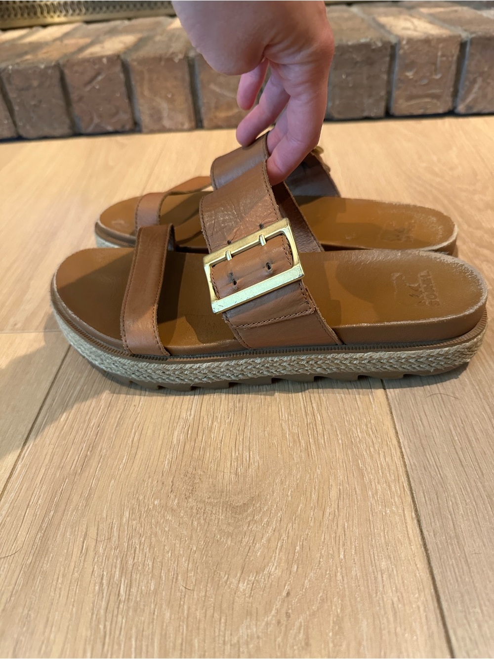 Women’s Sorel Brown Leather Slide Sandals with Buckle